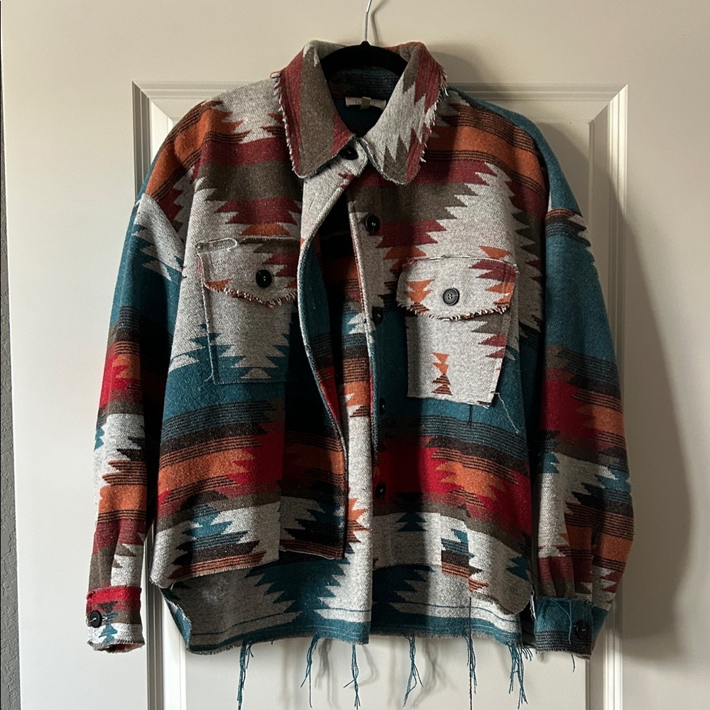 LA MIEL Women's Aztec Pattern Jacket - Red, Teal, Gray